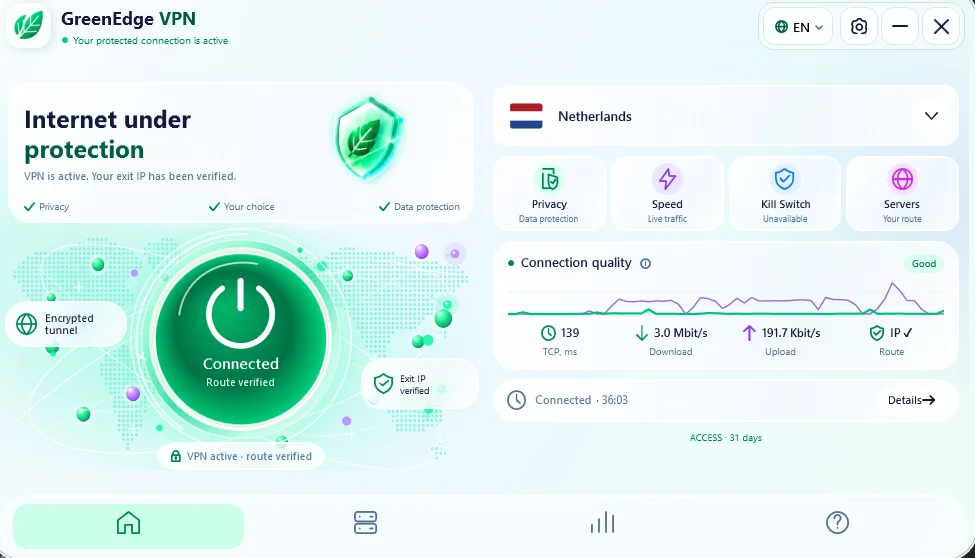 Actual English GreenEdge VPN Windows application showing a connected Netherlands server
