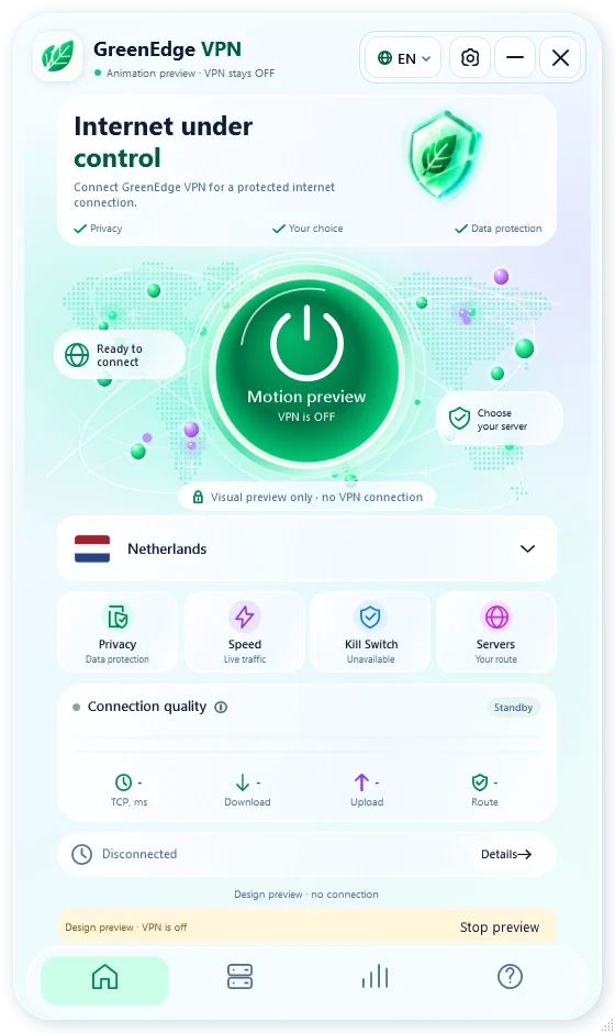 Actual English GreenEdge VPN Windows application in preview mode; the overlaid controls are an interactive illustration